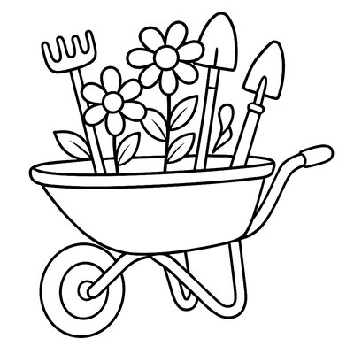 A Vintage Red Wheelbarrow Filled With Gardening Tools And Flowers