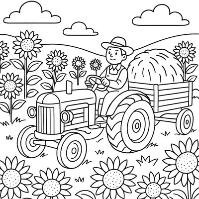 A Vintage Tractor Pulling A Hay Wagon Through Sunflower Fields