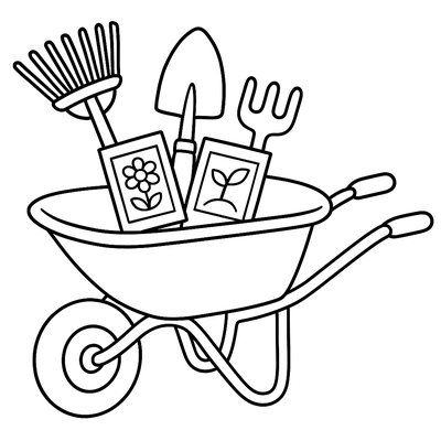 Vintage Red Wheelbarrow Filled With Gardening Tools And Seed Packets