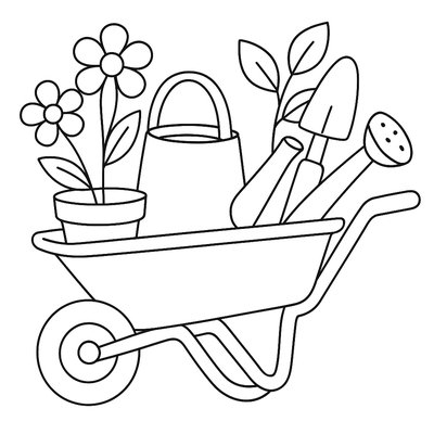 Wheelbarrow Full Of Gardening Tools And Plants