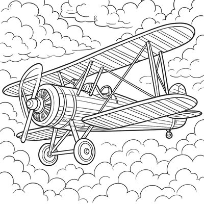 A Vintage Biplane Flying Through Puffy Clouds