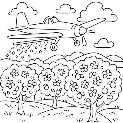 Crop Duster Airplane Spraying Organic Treatment Over Blooming Orchard