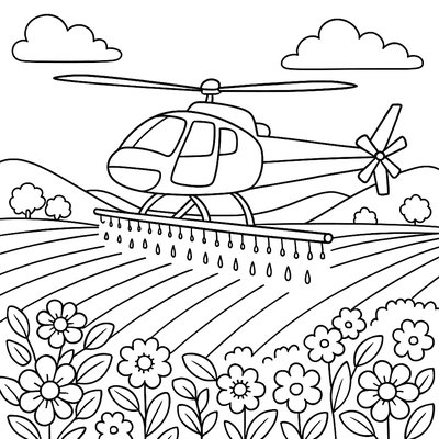 Crop Dusting Helicopter Working Over Blooming Farm Fields