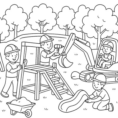 Construction Crew Building Playground With Spring Trees In Background