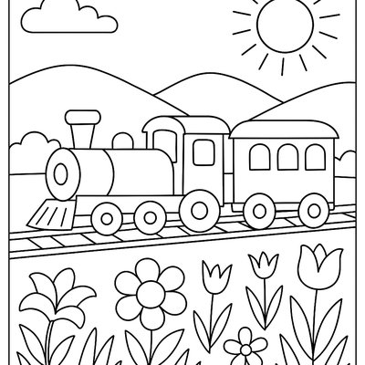 Train Passing Through Countryside With Spring Flowers