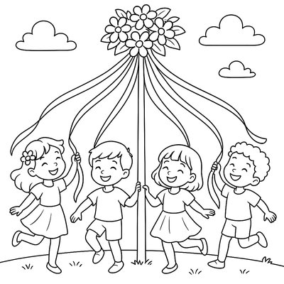 Children Dancing Around A Maypole With Ribbons