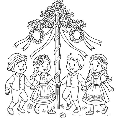 Children In Traditional Clothing Dancing Around A Swedish Midsummer Maypole Decorated With Flowers And Ribbons