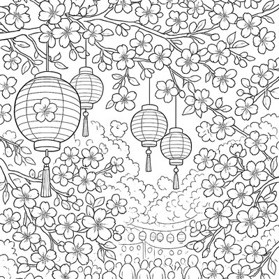 Japanese Cherry Blossom Festival With Lanterns
