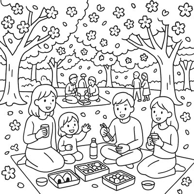 Japanese Cherry Blossom Festival With People Having Hanami Picnics
