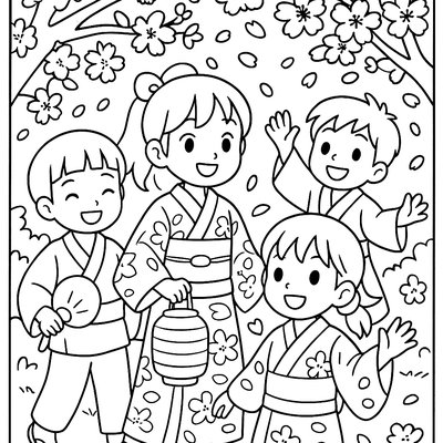 Japanese Children Celebrating Cherry Blossom Festival