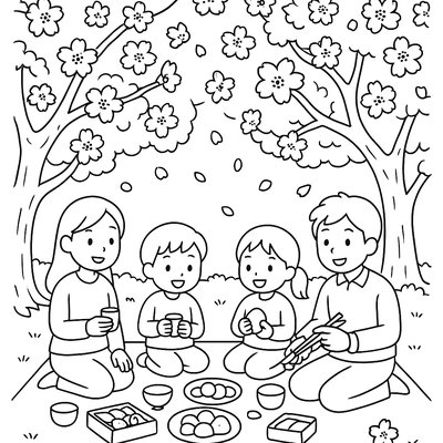 Japanese Hanami Picnic Under Blooming Cherry Trees