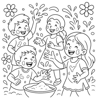 Children In India Celebrating Holi Festival With Colorful Powders