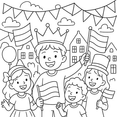 Dutch Children Celebrating King's Day With Orange Decorations