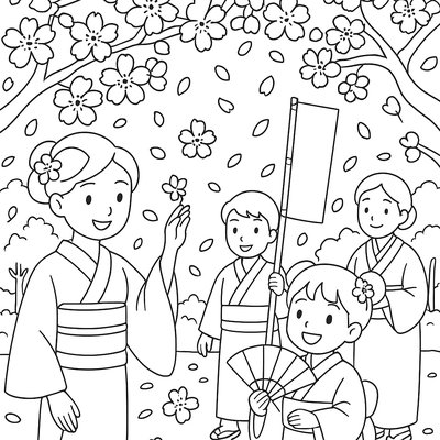 Japanese Cherry Blossom Festival With Traditional Clothing