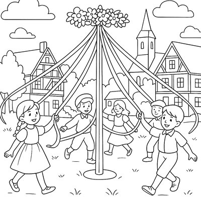 May Pole Dancing In European Village