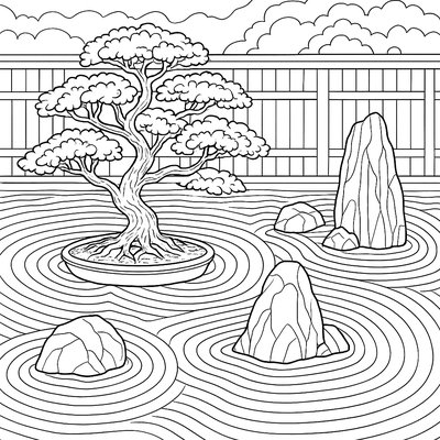 A Detailed Japanese Zen Garden With Raked Sand, Rocks, And A Bonsai Tree