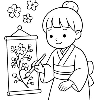 A Japanese Child Painting Cherry Blossoms On A Scroll