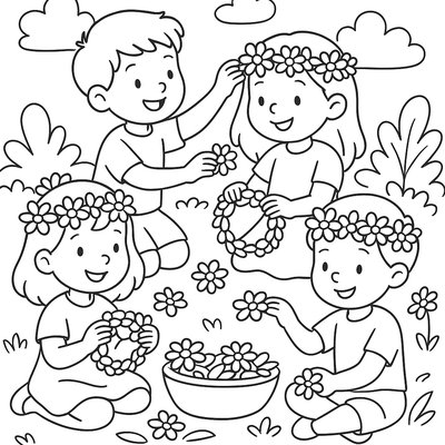 Children Creating Flower Crowns For May Day Celebration