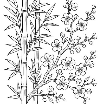 Chinese Brush Painting Of Bamboo And Spring Blossoms