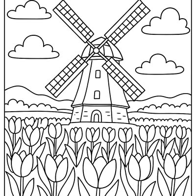 Dutch Windmill With Tulip Field Painting Scene