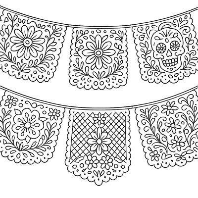 Mexican Papel Picado Banners Hanging Between Blooming Trees