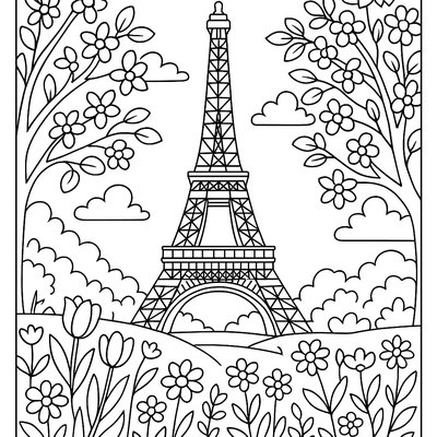 Eiffel Tower With Spring Garden And Blooming Trees In Foreground