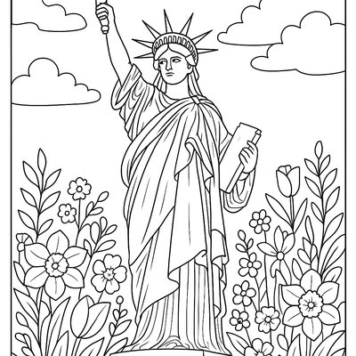 Statue Of Liberty With Spring Flowers At Base
